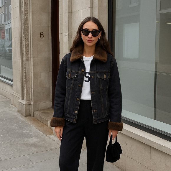 Vintage Jackets & Blazers - Y2K Denim Jacket Fur Lined Collar Button Up Down Long Sleeve Dark Wash